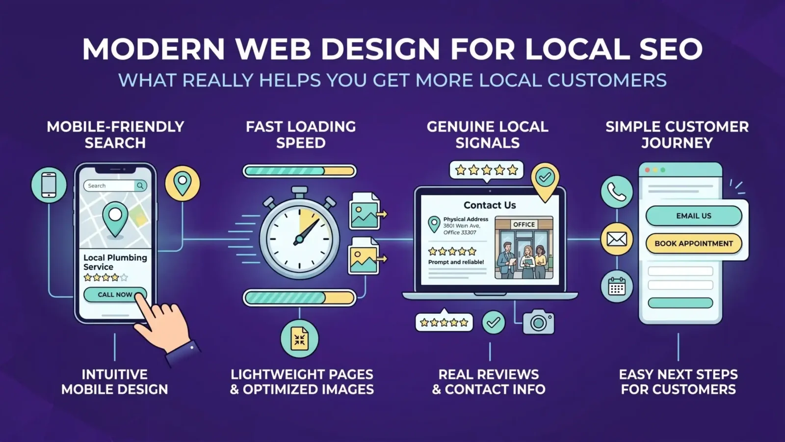 Infographic explaining the key elements of local SEO web design, including mobile-friendly layouts, fast loading speed, genuine local trust signals, and a simple customer journey.