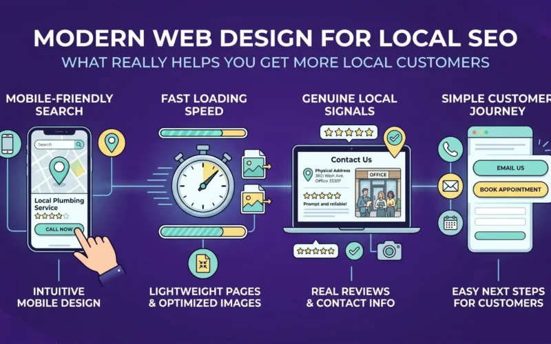 Infographic explaining the key elements of local SEO web design, including mobile-friendly layouts, fast loading speed, genuine local trust signals, and a simple customer journey.