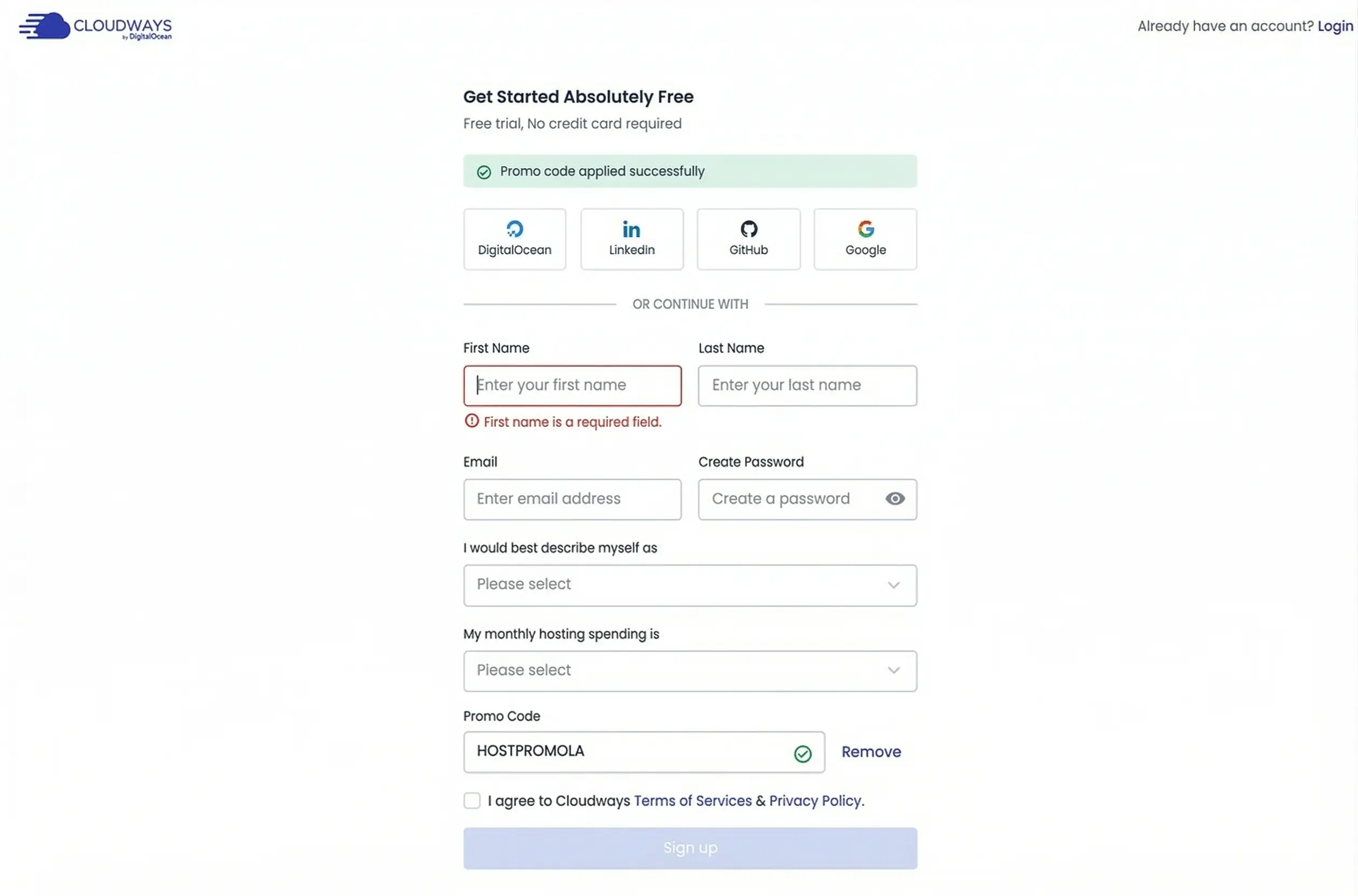 Cloudways Coupon Code & Promo Code: Latest Offers 3 Cloudways signup form showing the promo code applied successfully