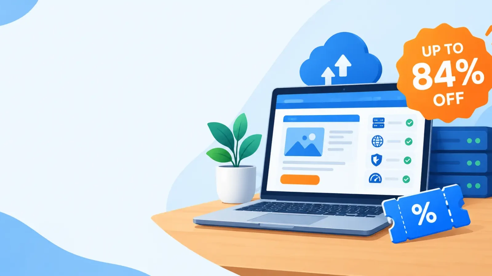 Laptop with a web hosting dashboard and a discount badge for the ChemiCloud coupon code offer
