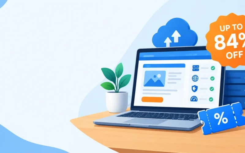 Laptop with a web hosting dashboard and a discount badge for the ChemiCloud coupon code offer
