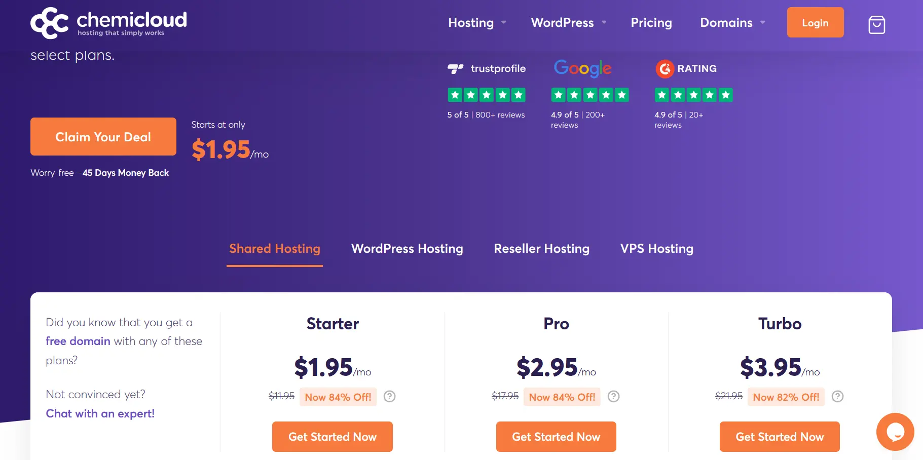 ChemiCloud Coupon Code: Grab Up to 84% OFF (Verified) 2 ChemiCloud official deals page showing Starter, Pro and Turbo shared hosting plans at up to 84% off