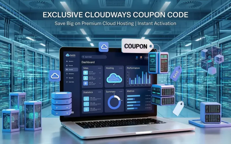 Cloudways coupon code graphic with a hosting dashboard, coupon tag and cloud servers