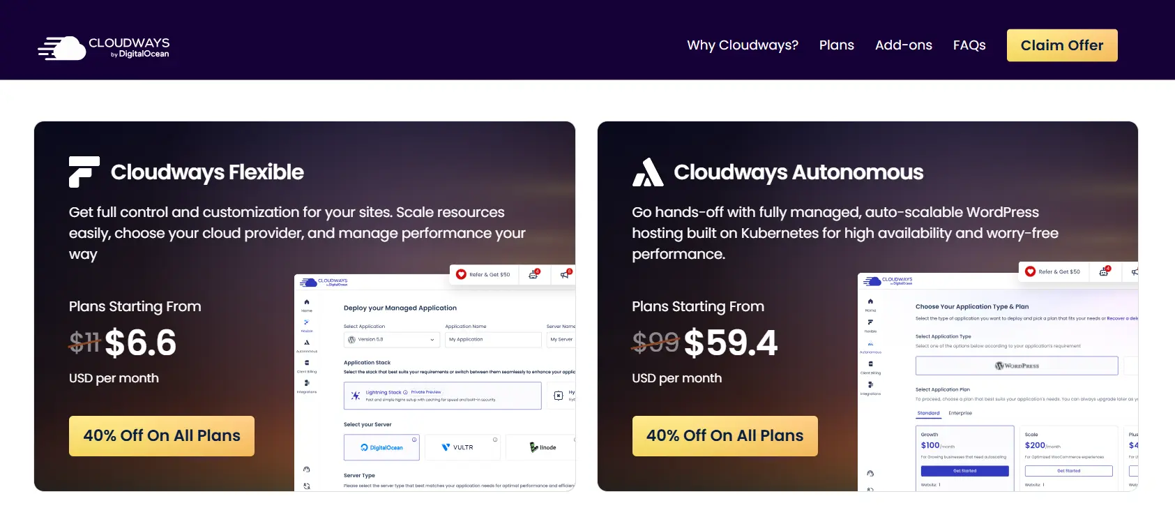 Cloudways Coupon Code & Promo Code: Latest Offers 2 Cloudways discounted price after coupon code: Flexible from $6.6/month, Autonomous from $59.4/month