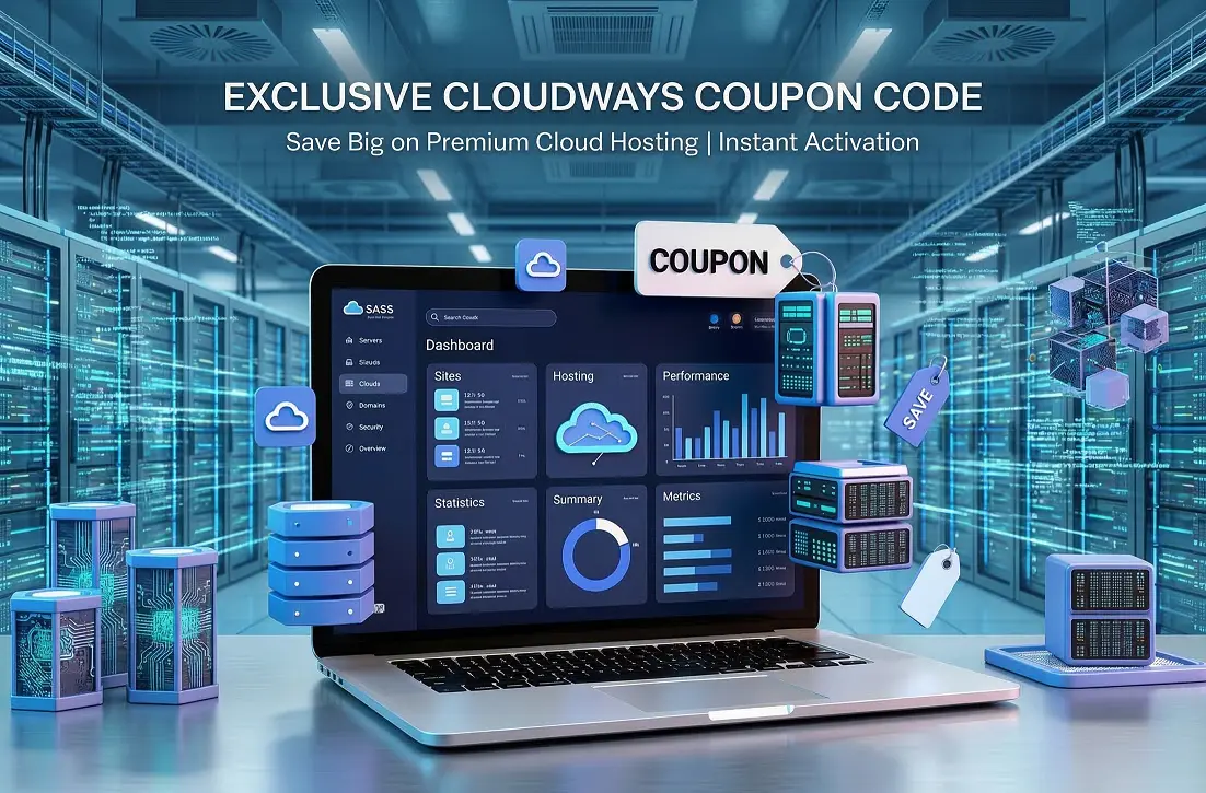 Cloudways coupon code graphic with a hosting dashboard, coupon tag and cloud servers